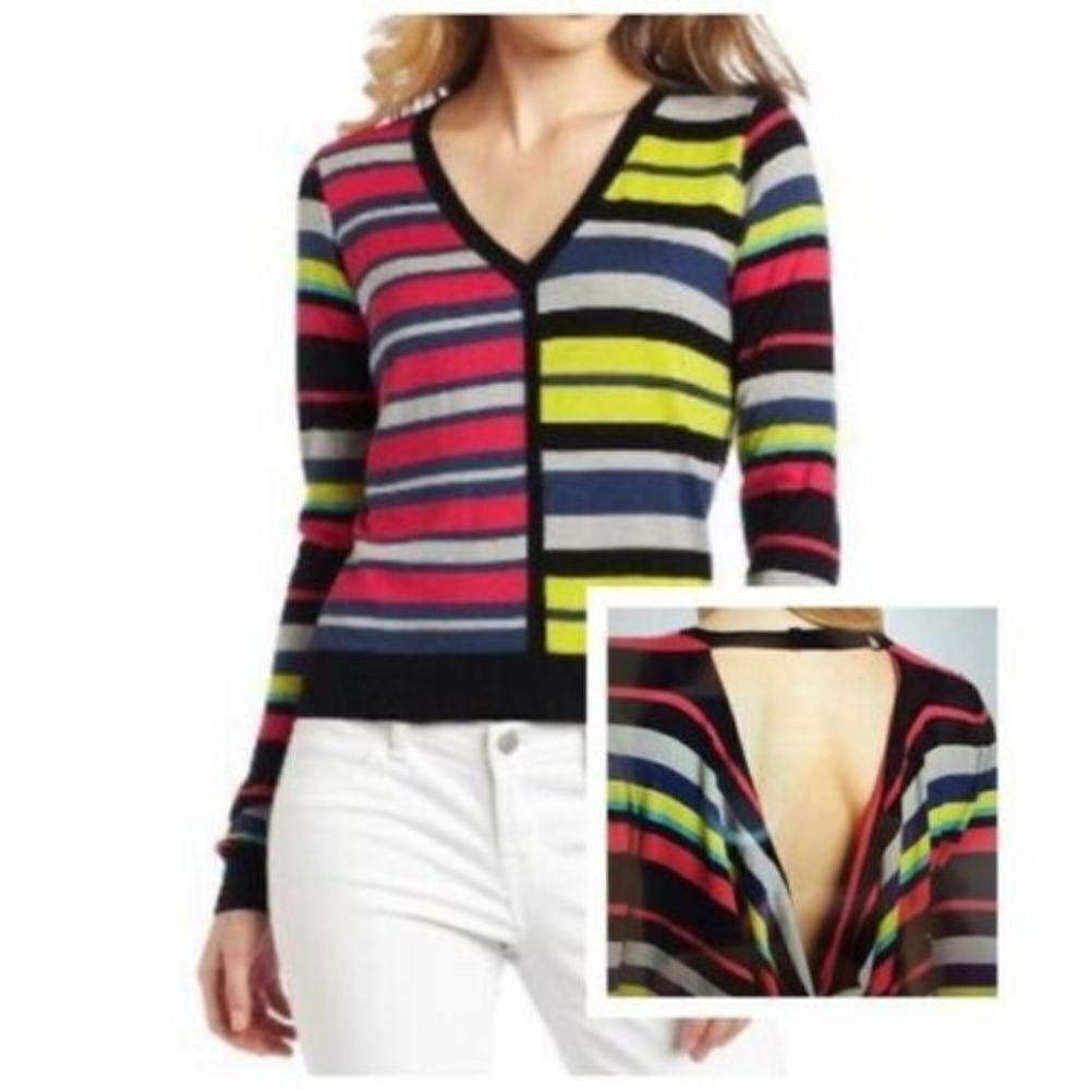 BCBG Max‎ Azria Sweater Pink Black  Rainbow Stripped  Knit Size Medium